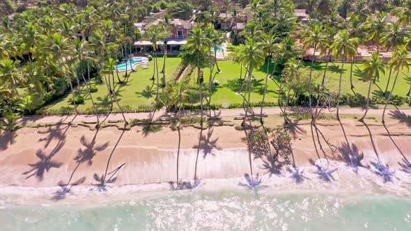 Aerial of palm shadows on Caribbean beach, gentle waves crash on shore