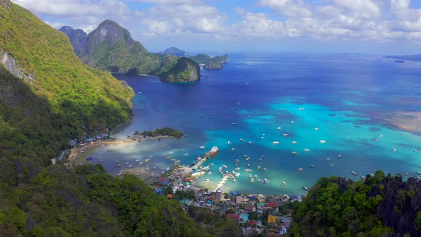 View From the Observation Deck at Taraw Cliff Over Central El Nido Town To the Boat Crowded Port and