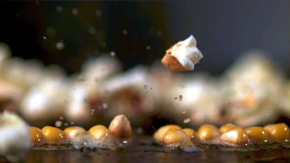 The Super Slow Motion of the Popcorn Grain Explodes with Bubbles of Oil