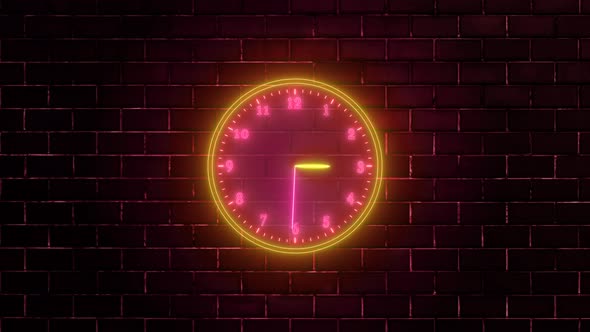 Red Yellow Neon Light Analog Clock Isolated Animated On Wall Background