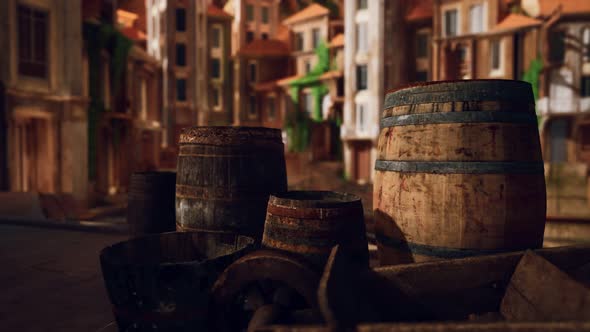 Old Wooden Wine Barrels in a Sea Town Port