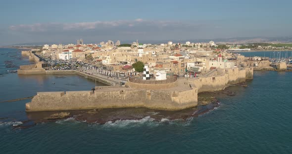 Aerial view of Acre Old city facing the Mediterranean sea, in Israel.