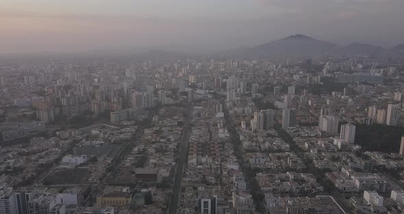 Aerial view of dusk in Lima, Peru