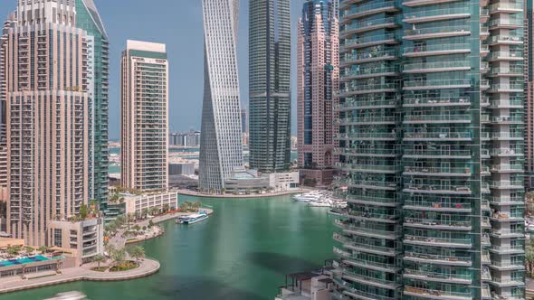 Aerial View of Dubai Marina Residential and Office Skyscrapers with Waterfront Timelapse