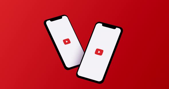 YouTube mobile app logo on phone screen animation with copy space