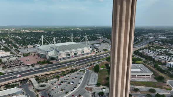 San Antonio Texas. Rising aerial of Convention Center and Tower of the Americas.