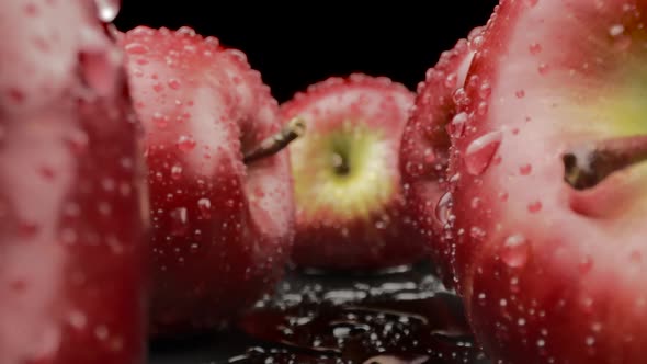 Fresh Red Apples Closeup Macro Shot of Fruits and Water Drops