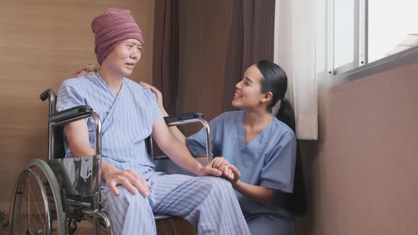 A female doctor with a wheelchair patient at window, recovering from illness.