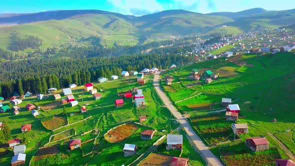 Beautiful bird's-eye view of mountain village of Beshumi in Georgia,