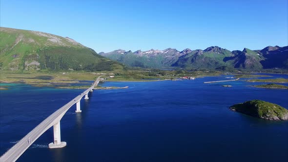 Aerial view of bridge on Lofoten islands in Norway