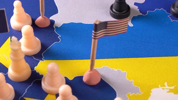 EU USA and Russian Flags with Chess Pieces Symbolizing the Conflict and Control of Ukraine