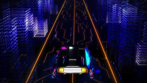 3D loop computer graphic animation of Futuristic Chrome Car in Digital world alt