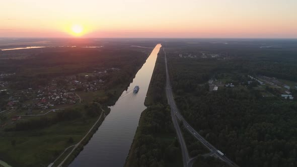 Cruise Ship on the River Aerial View