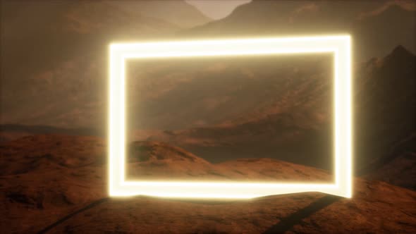 Neon Portal on Mars Planet Surface With Dust Blowing alt