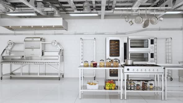 Modern Industrial Kitchen Interior With Kitchen Utensils, Equipment And Bakery Products