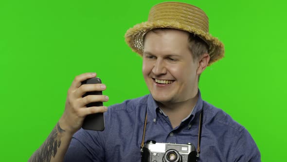 Portrait of Man Tourist Using Mobile Phone for Video Call, Chroma Key