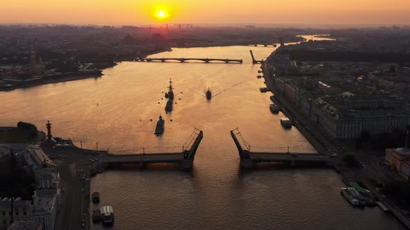 Aerial Landscape with Warships in the Neva River Before the Holiday of the Russian Navy at Early