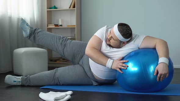 Obese Male Struggling to Finish Home Workout Program, Fitness Routine, Goal