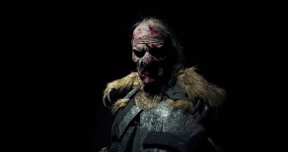 Heavy Breathing Orc with Battle Scars and Blood on His Face, Portrait, 