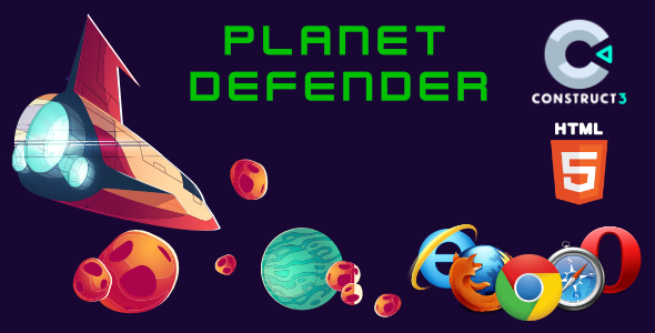 Planet Defender HTML5 Game (With Construct 3 Source-code .c3p)
