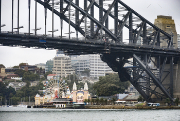 The iconic Sydney Harbour Bridge and the Luna Park theme park.