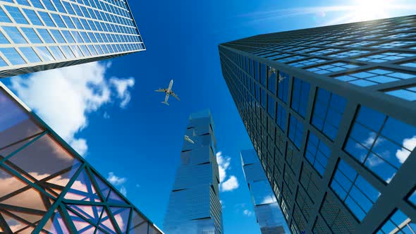 The Plane Flies Over The Buildings