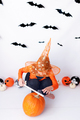Happy Halloween background with orange pumpkin with and blonde boy in Halloween costume. - PhotoDune Item for Sale