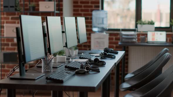 Empty Telecommunication Office with Computers and Headset