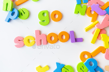 ldren in kindergarten or school, fluted letters. Go school inscription