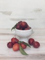 Ripe Plums Overflow from a Little Footed White Bowl in Front of a Neutral Background - PhotoDune Item for Sale