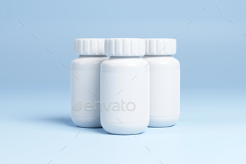 Three white plastic medical bottles. Pharmacy mockup. Medical template.3d render
