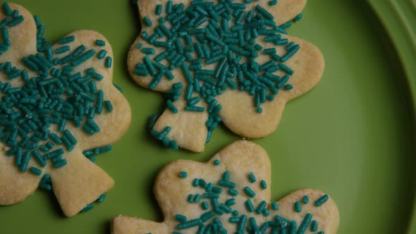 Cinematic, Rotating Shot of Saint Patty's Day Cookies on a Plate 