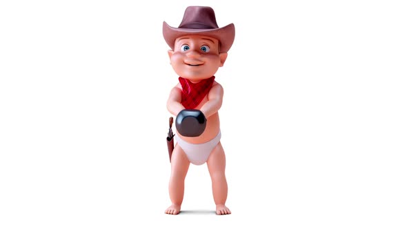Fun 3D cartoon of a cowboy baby lifting weights