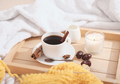 cozy lazy winter morning with coffee and knitting in bed. warm ambient home. - PhotoDune Item for Sale