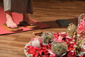 woman standing on sadhu board. female feet on nail board. practicing yoga, meditation energy flow - PhotoDune Item for Sale