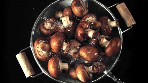 Super Slow Motion on the Mushrooms with a Colander Pours Water