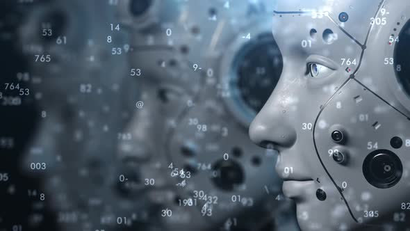 three robot heads shot close-up standing in a row watching what's going on in front of them. alt