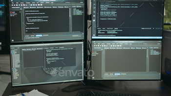 puters in background running programming code and algorithms on terminal window. Firewall network servers in it agency office.