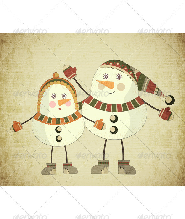 Two Snowmen on Grunge Background