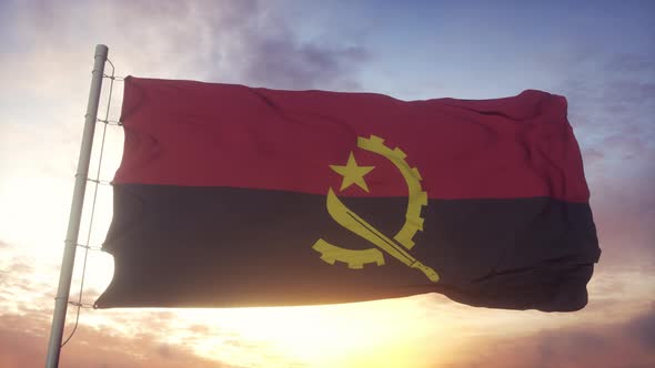Flag of Angola Waving in the Wind Sky and Sun Background