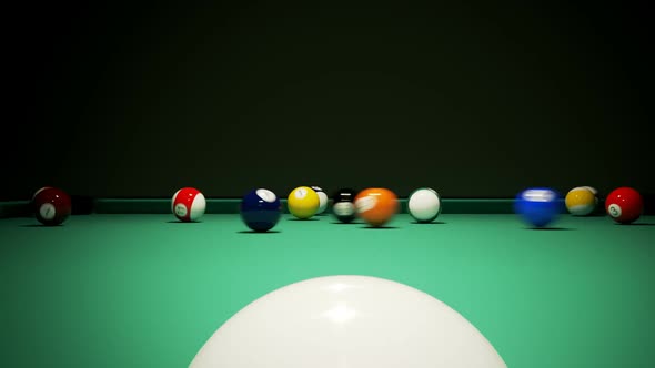 Breaking the rack in the pool. A strong, professional shot of cue ball.