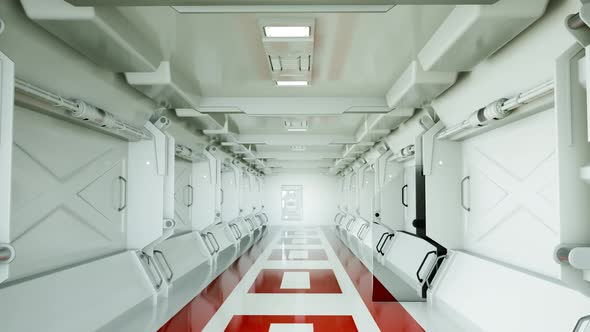 Inside a sterile white futuristic spacgeship or scientific laboratory. Technology motion background