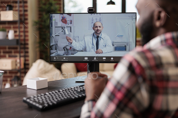 ing telemedicine videoconference with webcam to meet with medic and talk about healthcare consultation. Online remote teleconference call.