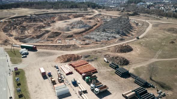 AERIAL: Large Pipes Placed Near Lithuania National Stadium During Demolishion Phase