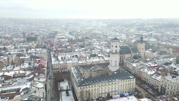 Aerial View of the Lviv Old Town in Winter