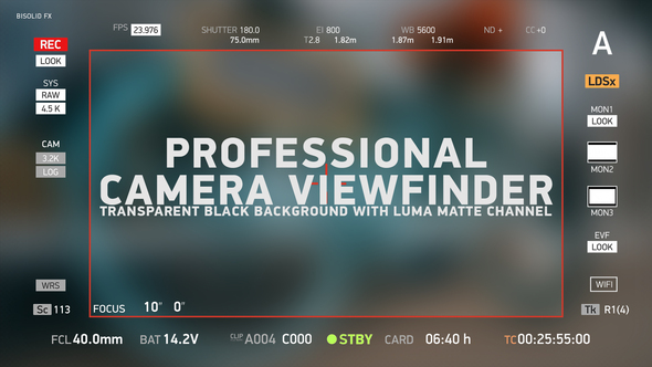 Professional Camera Viewfinder  On Transparent Black Background With Luma Matte Channel