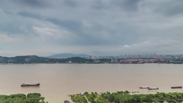 Time lapse of yangtze river skyline in nanjing city,china ,cloudy day