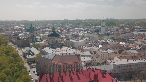 Lvov, Ukraine. Aerial City Lviv, Ukraine. Panorama of the Old Town. Dominican