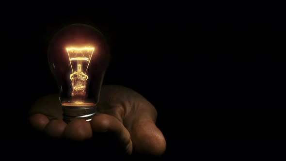 incandescent light bulb in a hand on black background