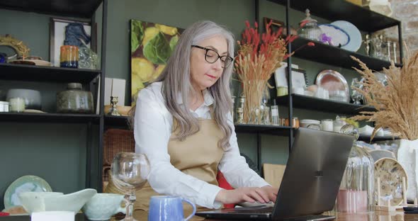 Mature Woman in Glasses Working on Laptop in well-equipped Contemporary Gift Shop